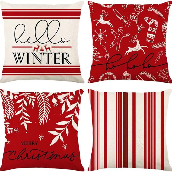 Christmas Pillow Covers Red Holiday Decor Decorative Cases Xmas Decorations 18in - Picture 1 of 6